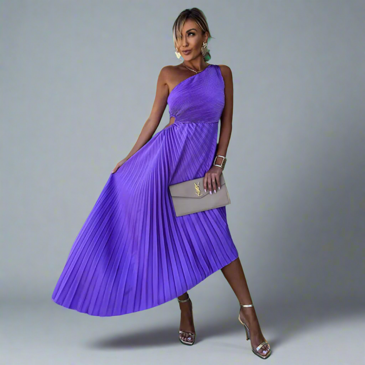 Drosmara | Elegant Midi Kjole med Stilig Off-Shoulder Design