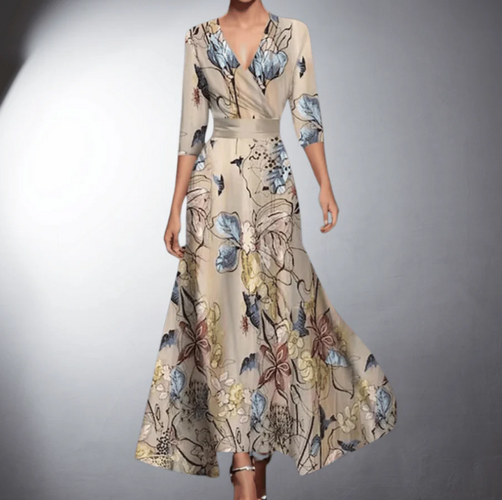 Zoe - Klassisk Blomstrete V-Hals Maxi Kjole